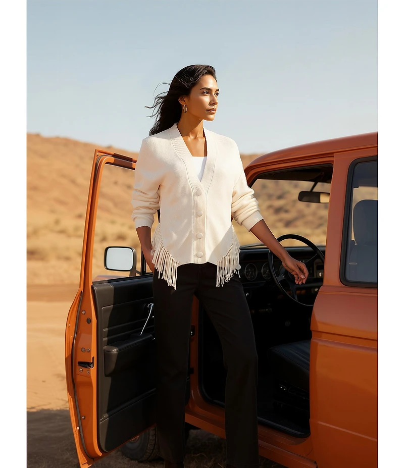 Reba Sage Knit V-Neck Asymmetrical Fringe Long Sleeve Button Down Cardigan