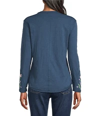 Reba Sedona Jersey Knit V-Neck Long Sleeve Embroidered Henley Top