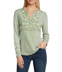 Reba Sedona Jersey Knit V-Neck Long Sleeve Embroidered Henley Top