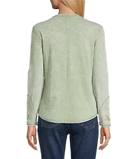 Reba Sedona Jersey Knit V-Neck Long Sleeve Embroidered Henley Top