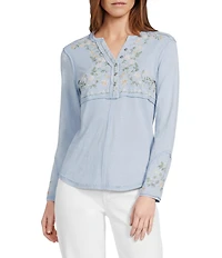 Reba Sedona Jersey Knit V-Neck Long Sleeve Embroidered Henley Top