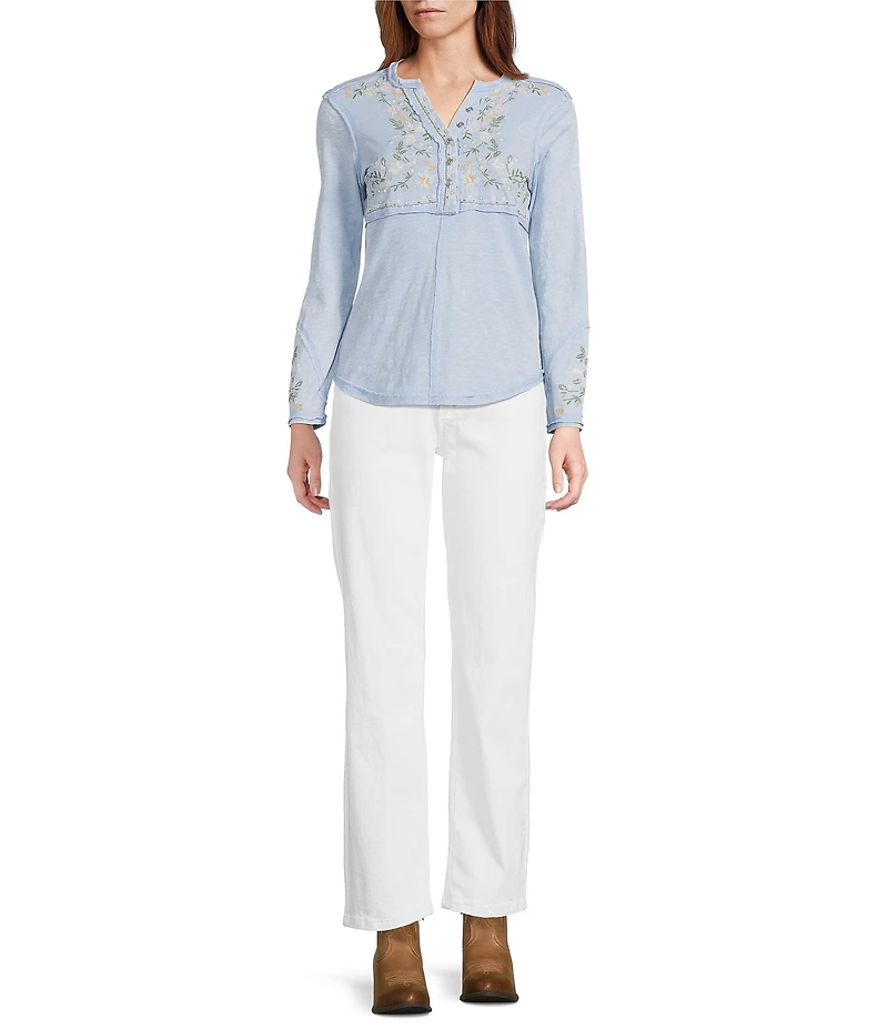 Reba Sedona Jersey Knit V-Neck Long Sleeve Embroidered Henley Top