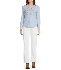 Reba Sedona Jersey Knit V-Neck Long Sleeve Embroidered Henley Top