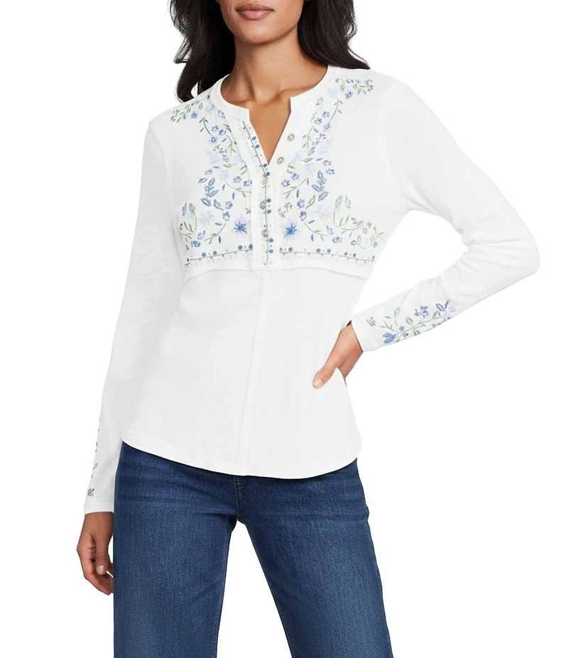Reba Sedona Jersey Knit V-Neck Long Sleeve Embroidered Henley Top