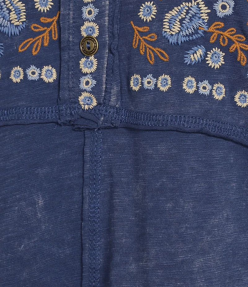 Reba Sedona Scoop Neck Long Sleeve Embroidered Henley Tee