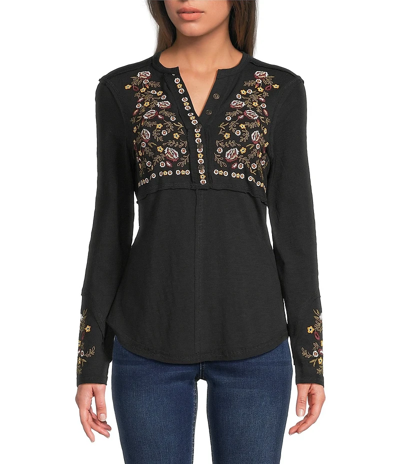 Reba Sedona Scoop Neck Long Sleeve Embroidered Henley Tee