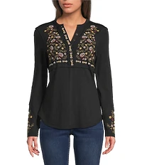 Reba Sedona Scoop Neck Long Sleeve Embroidered Henley Tee
