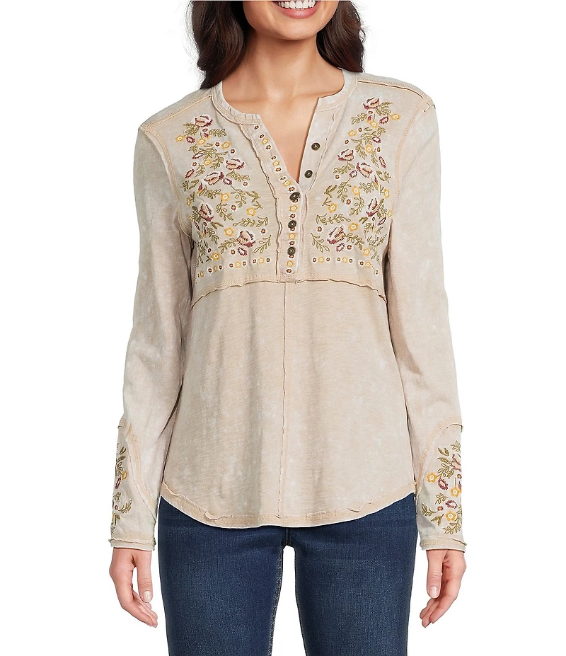 Reba Sedona Scoop Neck Long Sleeve Embroidered Henley Tee