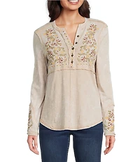 Reba Sedona Scoop Neck Long Sleeve Embroidered Henley Tee