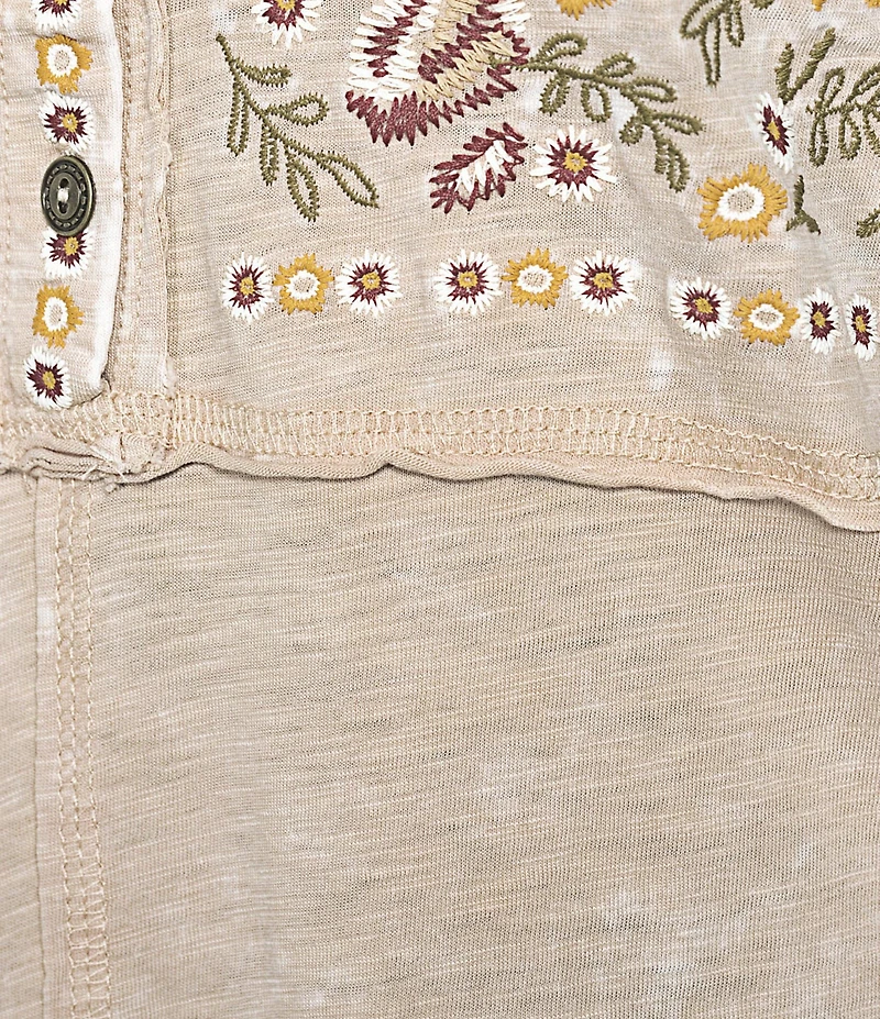 Reba Sedona Scoop Neck Long Sleeve Embroidered Henley Tee
