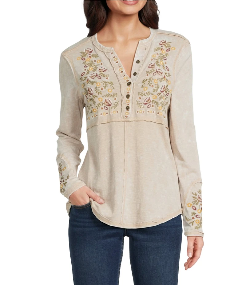 Reba Sedona Scoop Neck Long Sleeve Embroidered Henley Tee