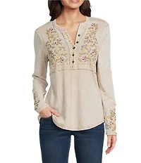 Reba Sedona Scoop Neck Long Sleeve Embroidered Henley Tee