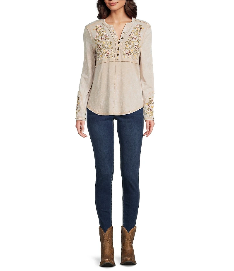 Reba Sedona Scoop Neck Long Sleeve Embroidered Henley Tee