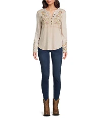 Reba Sedona Scoop Neck Long Sleeve Embroidered Henley Tee