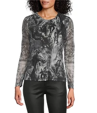 Reba Silverado Snow Horse Mesh Print Round Neck Long Sleeve Tee