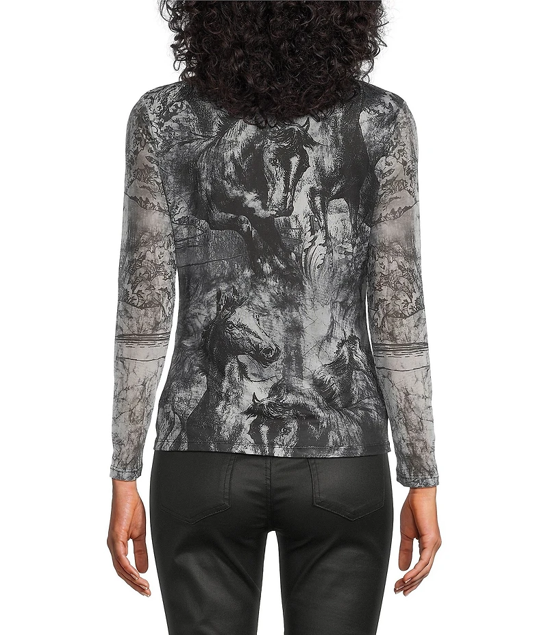 Reba Silverado Snow Horse Mesh Print Round Neck Long Sleeve Tee
