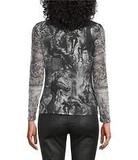 Reba Silverado Snow Horse Mesh Print Round Neck Long Sleeve Tee