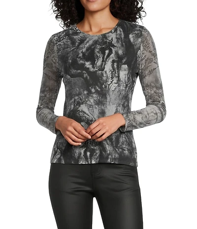 Reba Silverado Snow Horse Mesh Print Round Neck Long Sleeve Tee