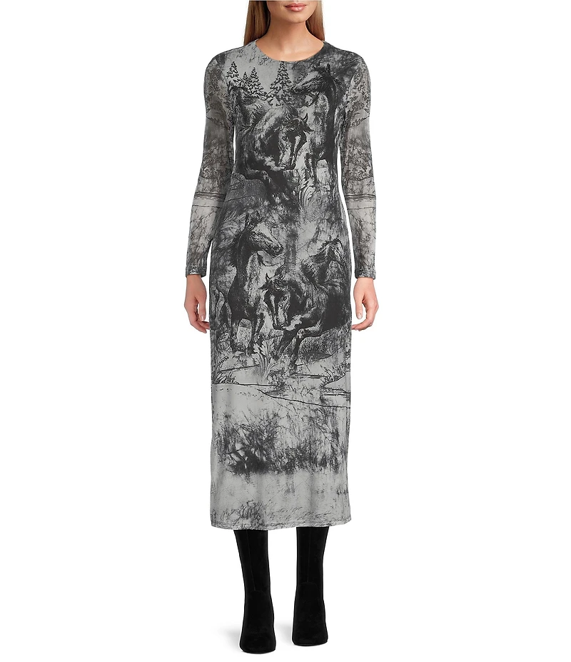 Reba Silverado Snow Horse Print Mesh Jersey Knit Round Neck Long Sleeve Sheath Dress