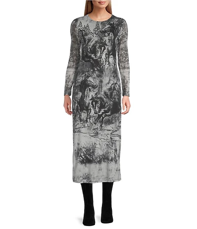 Reba Silverado Snow Horse Print Mesh Jersey Knit Round Neck Long Sleeve Sheath Dress