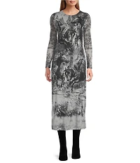 Reba Silverado Snow Horse Print Mesh Jersey Knit Round Neck Long Sleeve Sheath Dress