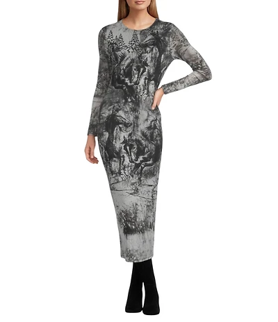 Reba Silverado Snow Horse Print Mesh Jersey Knit Round Neck Long Sleeve Sheath Dress