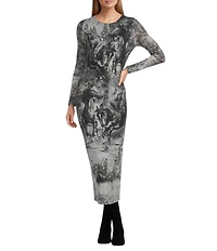 Reba Silverado Snow Horse Print Mesh Jersey Knit Round Neck Long Sleeve Sheath Dress