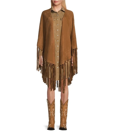 Reba Suede Open Front Fringe Detail Cape