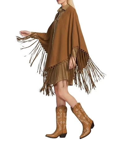 Reba Suede Open Front Fringe Detail Cape