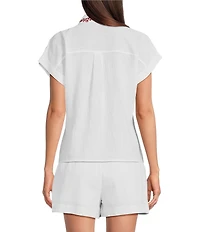 Reba Top Amber Textured Woven Coordinating Point Collar Short Sleeve Paisley Embroidered Top