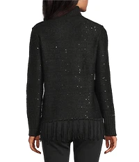 Reba Trailblazer Jersey Knit Mock Neck Fringe Hem Long Sleeve Sweater