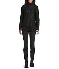 Reba Trailblazer Jersey Knit Mock Neck Fringe Hem Long Sleeve Sweater