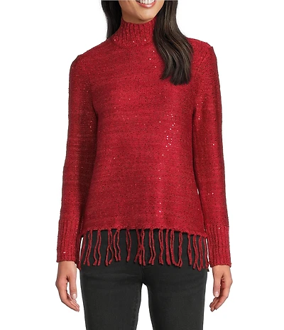 Reba Trailblazer Jersey Knit Mock Neck Fringe Hem Long Sleeve Sweater