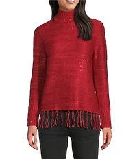 Reba Trailblazer Jersey Knit Mock Neck Fringe Hem Long Sleeve Sweater
