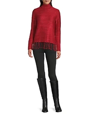 Reba Trailblazer Jersey Knit Mock Neck Fringe Hem Long Sleeve Sweater