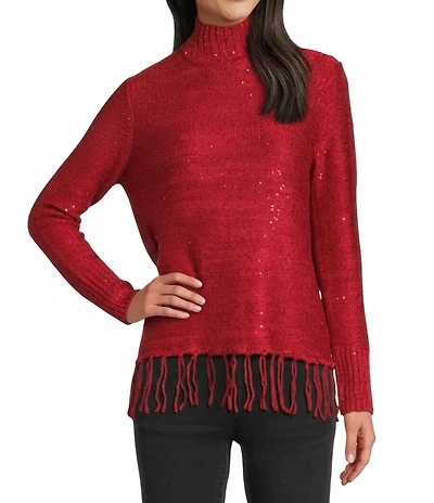 Reba Trailblazer Jersey Knit Mock Neck Fringe Hem Long Sleeve Sweater