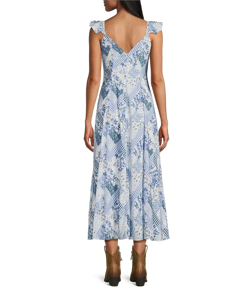 Reba Twilight Prairie Floral Voile Sweetheart Neck Sleeveless A-Line Midi Dress