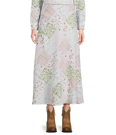 Reba Voile Strawberry Bloom Patchwork Print Midi A-Line Skirt