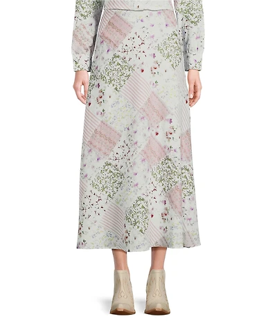 Reba Voile Strawberry Bloom Patchwork Print Midi A-Line Skirt