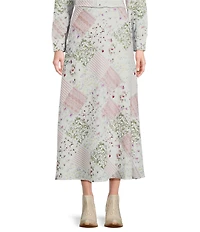 Reba Voile Strawberry Bloom Patchwork Print Midi A-Line Skirt