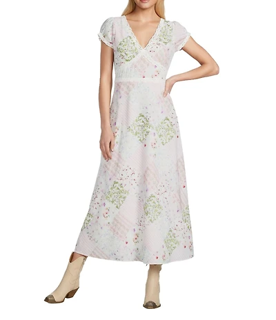 Reba Voile Strawberry Bloom V-Neck Short Puff Sleeve Patchwork Print A-Line Dress