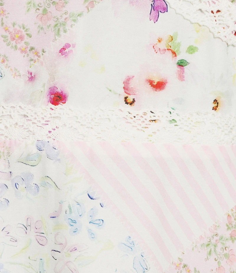 Reba Voile Strawberry Bloom V-Neck Short Puff Sleeve Patchwork Print A-Line Dress