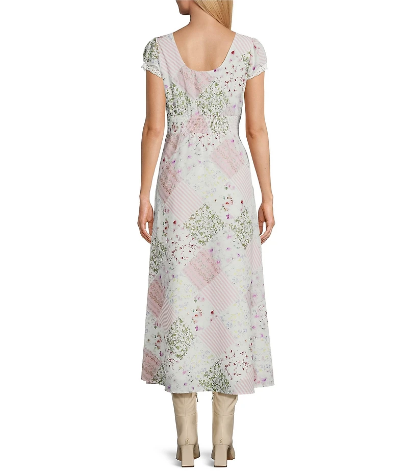 Reba Voile Strawberry Bloom V-Neck Short Puff Sleeve Patchwork Print A-Line Dress