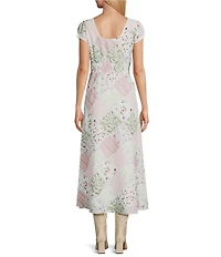 Reba Voile Strawberry Bloom V-Neck Short Puff Sleeve Patchwork Print A-Line Dress