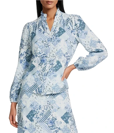 Reba Voile Twilight Prairie Floral Print Point Collar Long Sleeve Peasant Coordinating Shirt