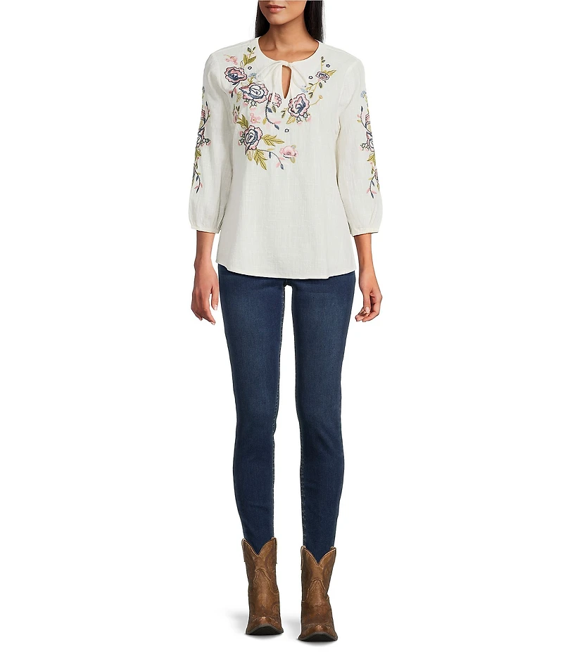 Reba Wild Child Cotton Voile Split V-Neck 3/4 Sleeve Floral Embroidery Peasant Shirt