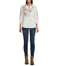 Reba Wild Child Cotton Voile Split V-Neck 3/4 Sleeve Floral Embroidery Peasant Shirt