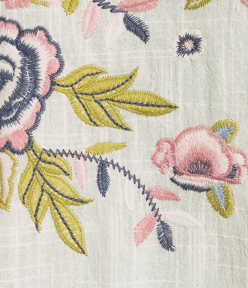 Reba Wild Child Cotton Voile Split V-Neck 3/4 Sleeve Floral Embroidery Peasant Shirt