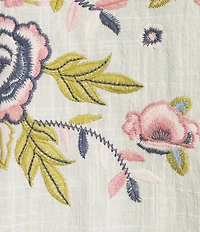 Reba Wild Child Cotton Voile Split V-Neck 3/4 Sleeve Floral Embroidery Peasant Shirt