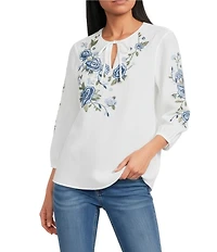 Reba Wild Child Cotton Voile Split V-Neck 3/4 Sleeve Floral Embroidery Peasant Shirt